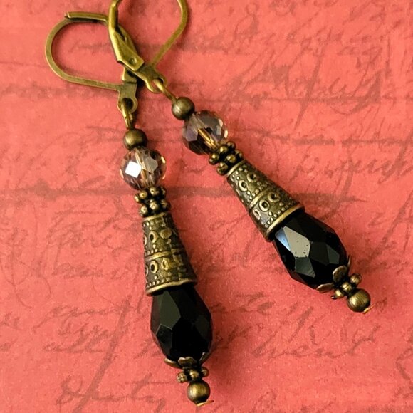 Black Smokey Crystal Teardrop Earrings, Etched Bronze Cone Lever Back Ear wires - Picture 2 of 8